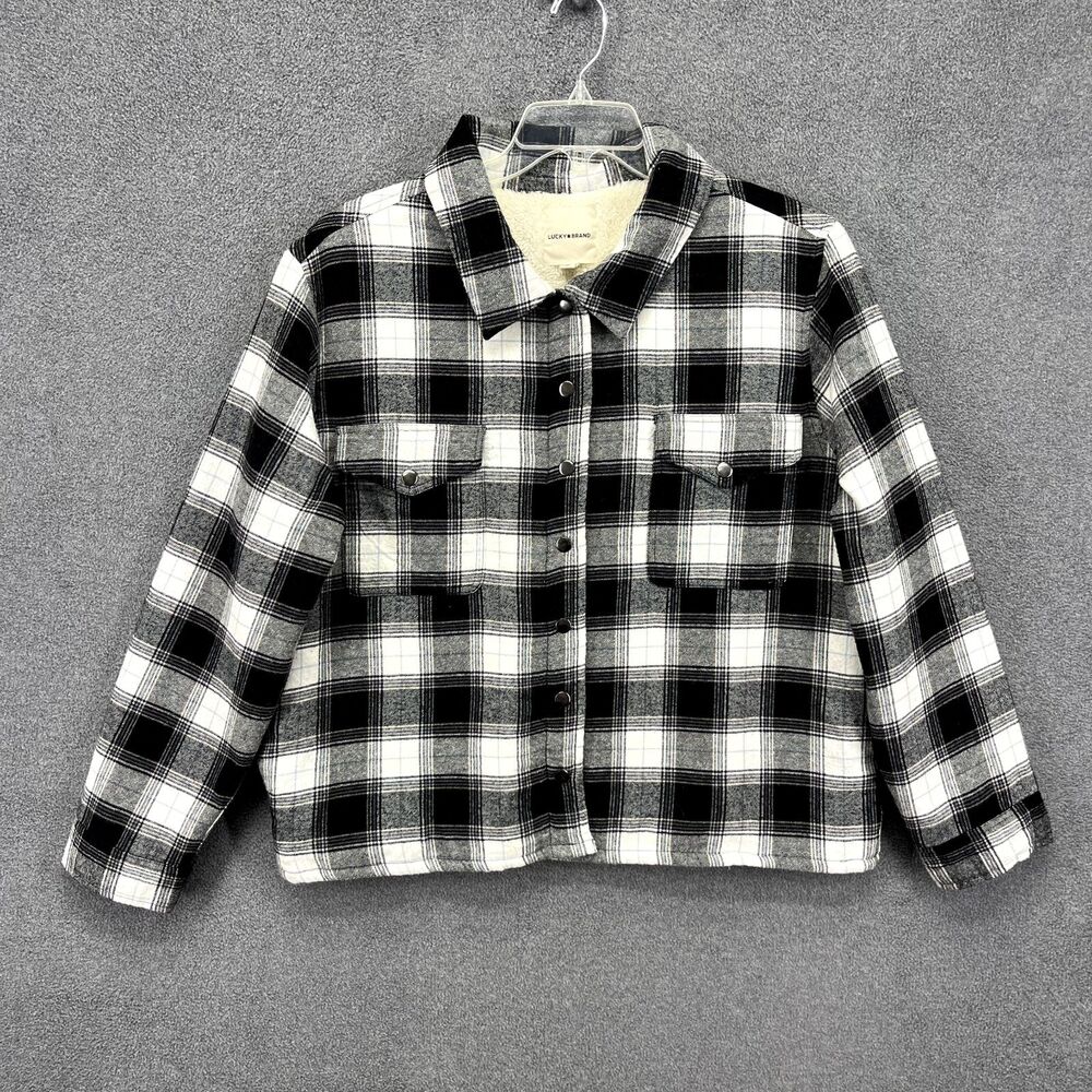 Lucky Brand Jacket Womens XL White Black‎ Buffalo Plaid Fleece Flannel